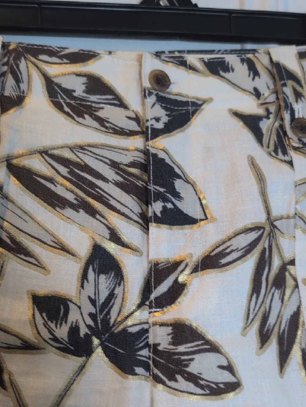 J. Crew Cream Pants with Black Leaf Print and Gold Accents